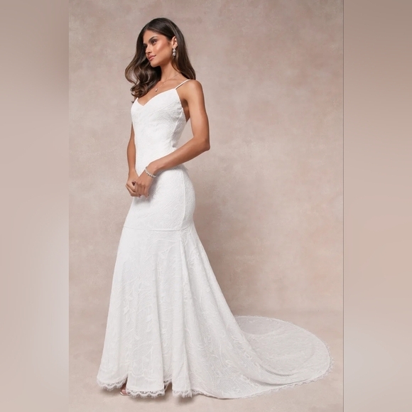 Lulu's Flawless Extravagance White Lace Trumpet Hem Maxi Dress Wedding Bride - Picture 3 of 12